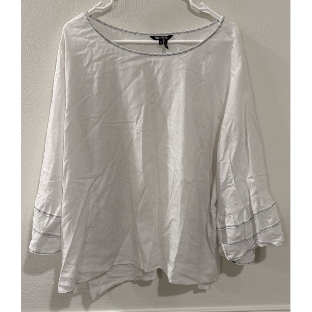 NIC+ZOE Linen Blend Blouse Womens XL White Ruffle Sleeve Lightweight NWT $138
